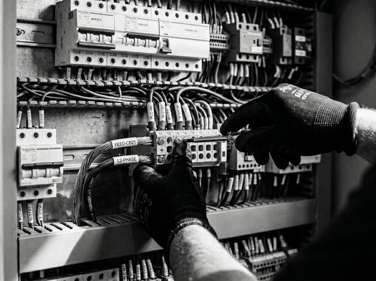 Técnico realizando mantenimiento en cuadro eléctrico industrial